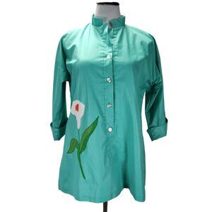 Vintage 70s Art to Wear Tunic Top Size  L Green Floral Applique Boho Popover